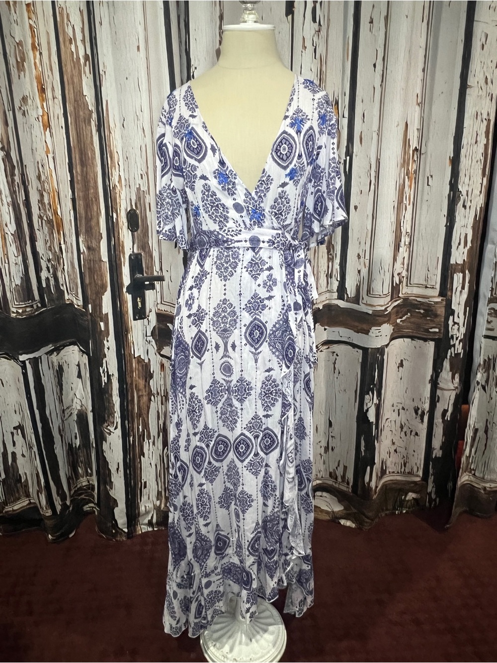 RAGA White and Blue Printed Wrap Maxi Dress